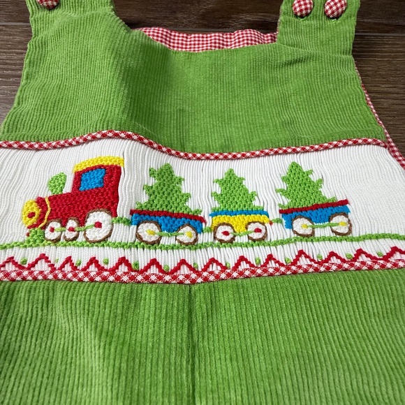 Pleats & Stitches Christmas Train Smocked Longall, Holiday, Green, Lined, Sz 12M - Picture 2 of 11